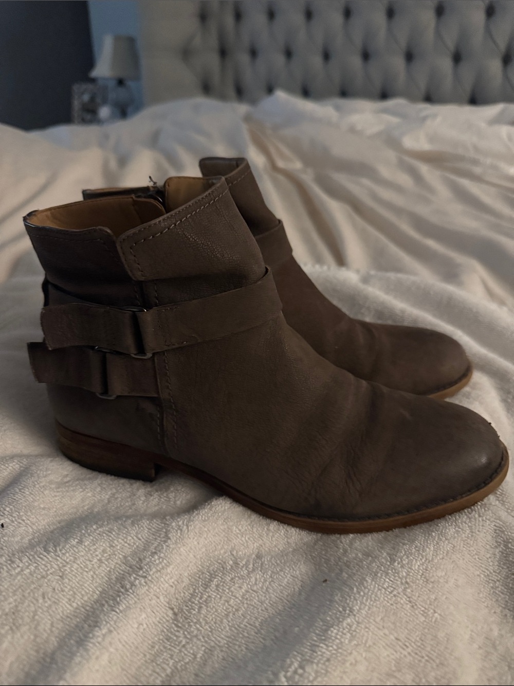 Franco Sarto Taupe Leather Ankle Boots with Buckle Straps